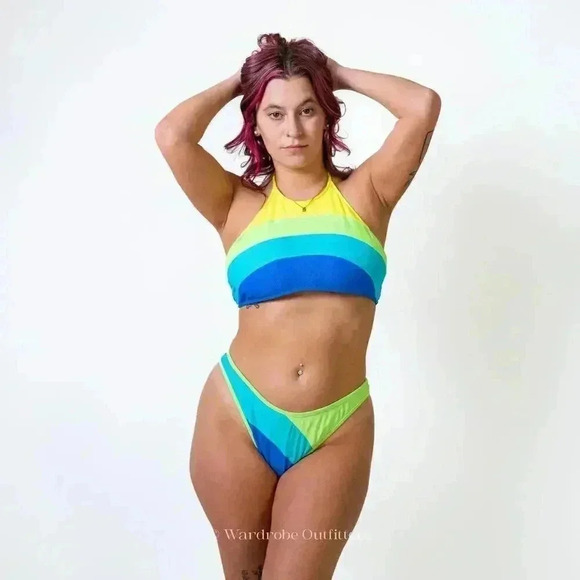 Vintage 90s Hobie Neon Green Blue Striped Full High Waist V Cut Bikini Set - Picture 3 of 10